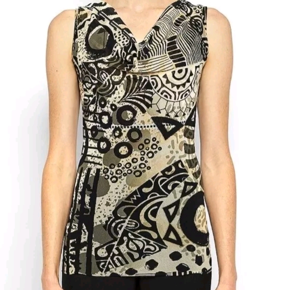 Fuzzi Tulle Mesh Abstract Zodiac Print Drape Neck Top Size